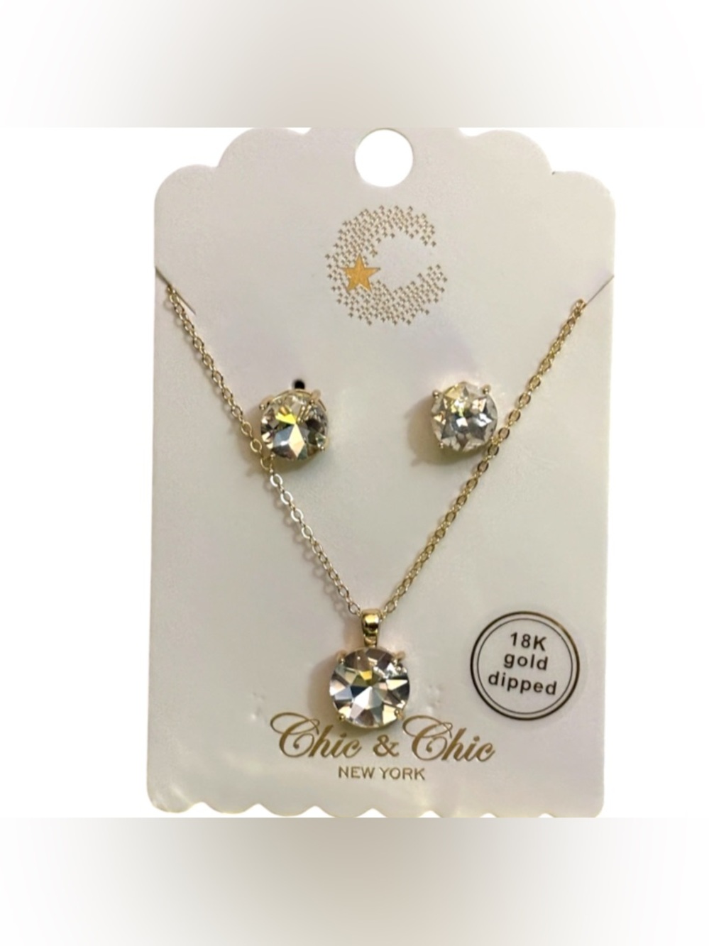 Clear Gold Dipped Glass Necklace and Stud Earrings Set
